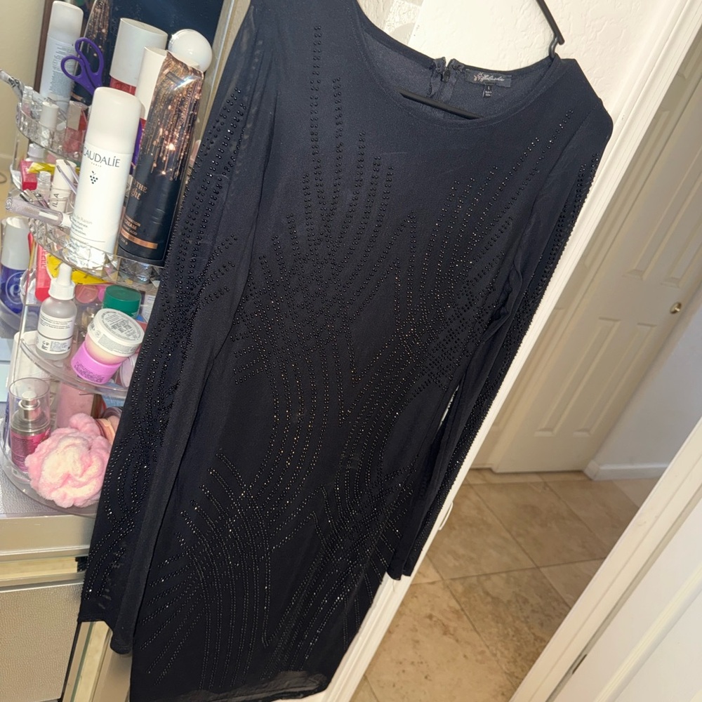 Elegant Black rhinestone Long Sleeve Dress